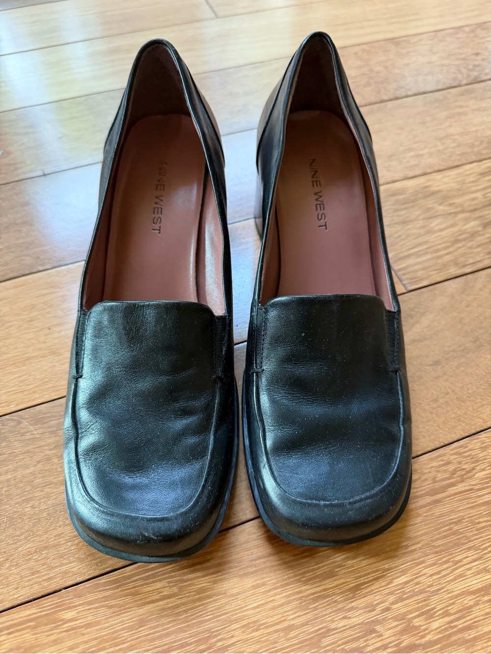 Nine West Black Leather Square-Toe Loafers